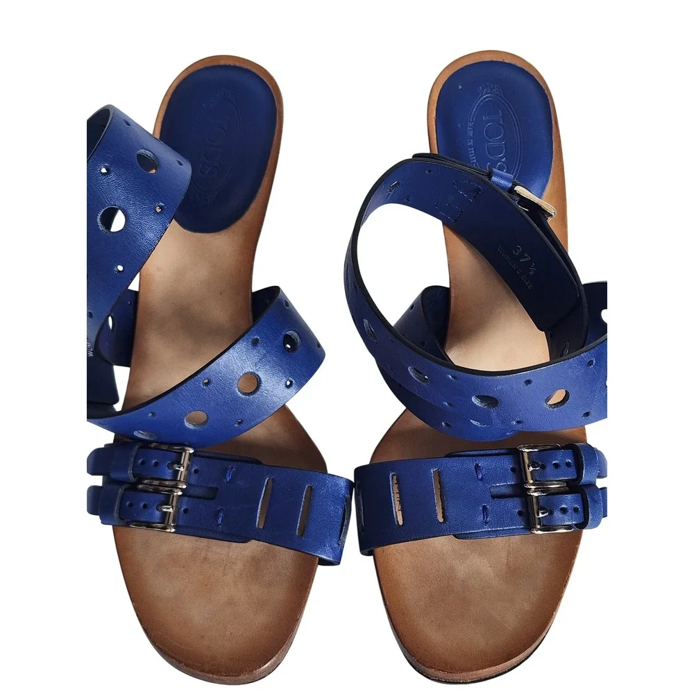 Tod's Blue Leather Perforated Buckle Platform Sandals Heels 37.5 Made in Italy
